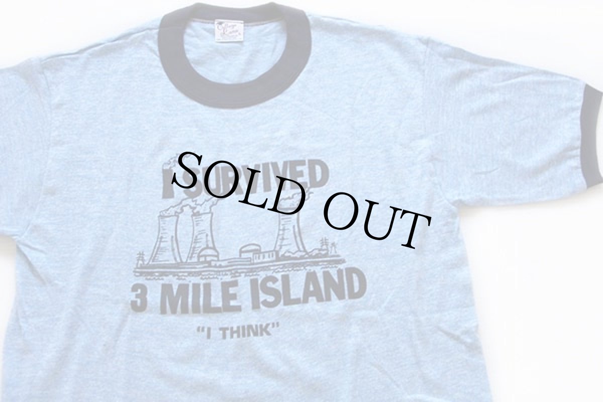 画像1: デッドストック★70s I SURVIVED 3 MILE ISLAND リンガーTシャツ 杢ブルー L (1)