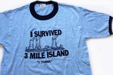 画像1: デッドストック★70s I SURVIVED 3 MILE ISLAND リンガーTシャツ 杢ブルー L (1)