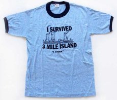 画像2: デッドストック★70s I SURVIVED 3 MILE ISLAND リンガーTシャツ 杢ブルー L (2)