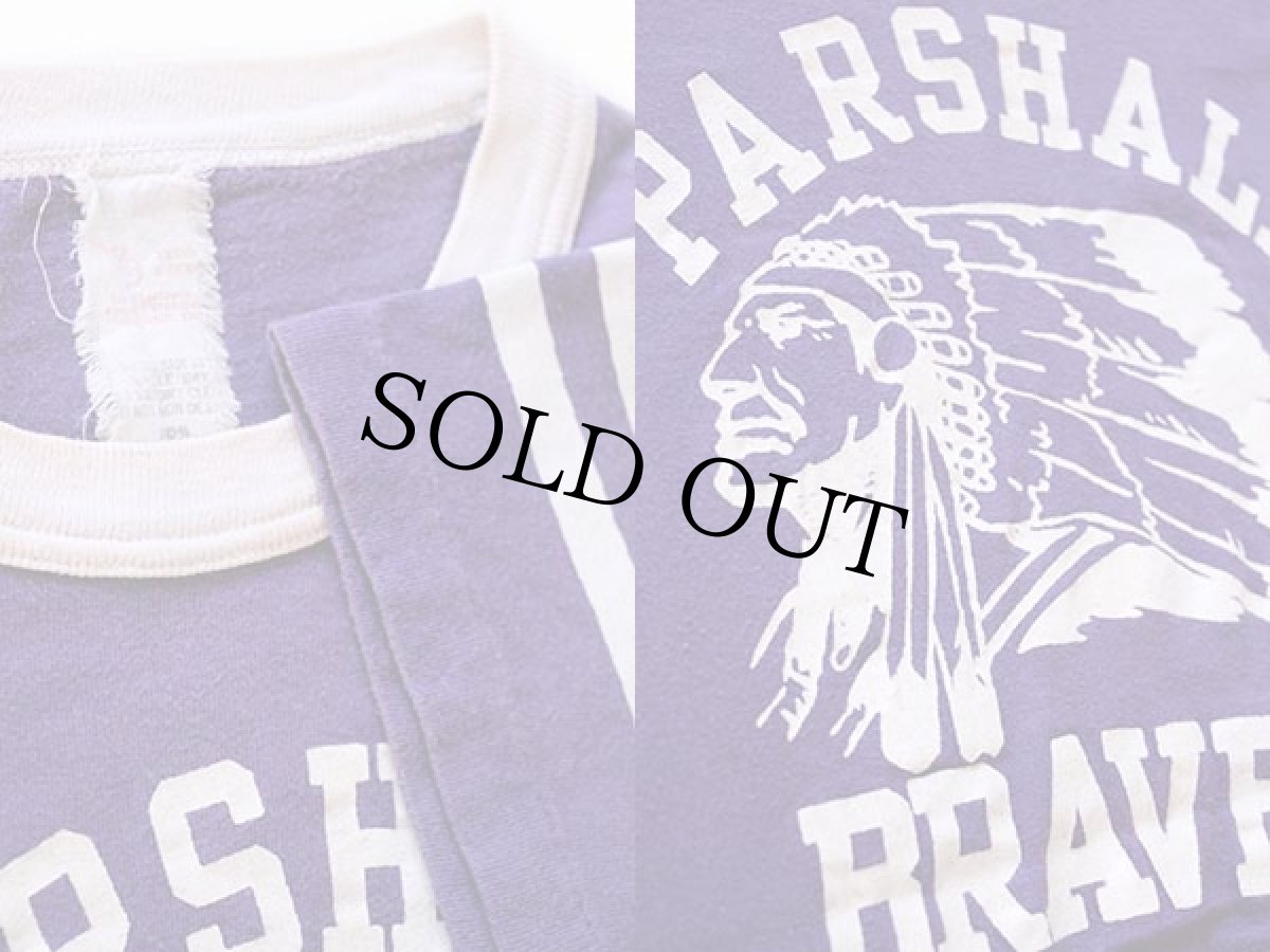 画像4: 70s VELVA SHEEN PARSHALL BRAVES インディアンヘッド フロッキープリント コットン フットボールTシャツ 紫 M (4)