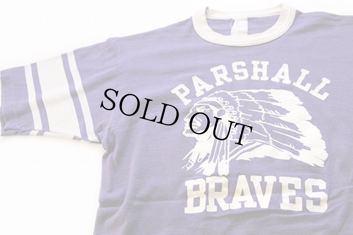 画像1: 70s VELVA SHEEN PARSHALL BRAVES インディアンヘッド フロッキープリント コットン フットボールTシャツ 紫 M (1)