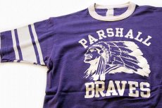 画像1: 70s VELVA SHEEN PARSHALL BRAVES インディアンヘッド フロッキープリント コットン フットボールTシャツ 紫 M (1)