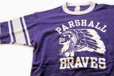 画像1: 70s VELVA SHEEN PARSHALL BRAVES インディアンヘッド フロッキープリント コットン フットボールTシャツ 紫 M (1)
