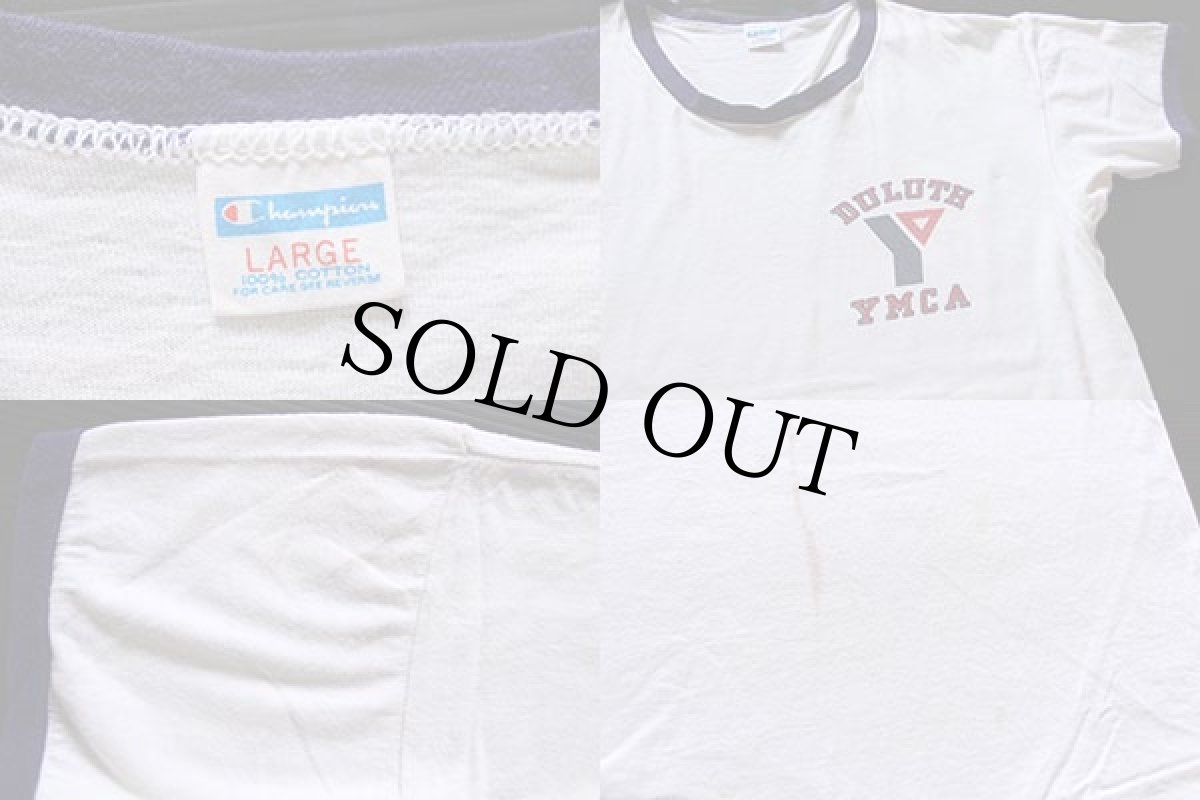 画像4: 70s USA製 Championチャンピオン DULUTH YMCA 染み込みプリント コットン リンガーTシャツ 白×ナス紺 L (4)