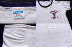 画像4: 70s USA製 Championチャンピオン DULUTH YMCA 染み込みプリント コットン リンガーTシャツ 白×ナス紺 L (4)