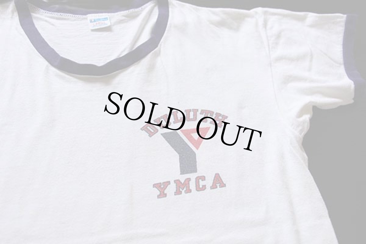 画像1: 70s USA製 Championチャンピオン DULUTH YMCA 染み込みプリント コットン リンガーTシャツ 白×ナス紺 L (1)