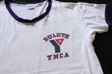 画像1: 70s USA製 Championチャンピオン DULUTH YMCA 染み込みプリント コットン リンガーTシャツ 白×ナス紺 L (1)