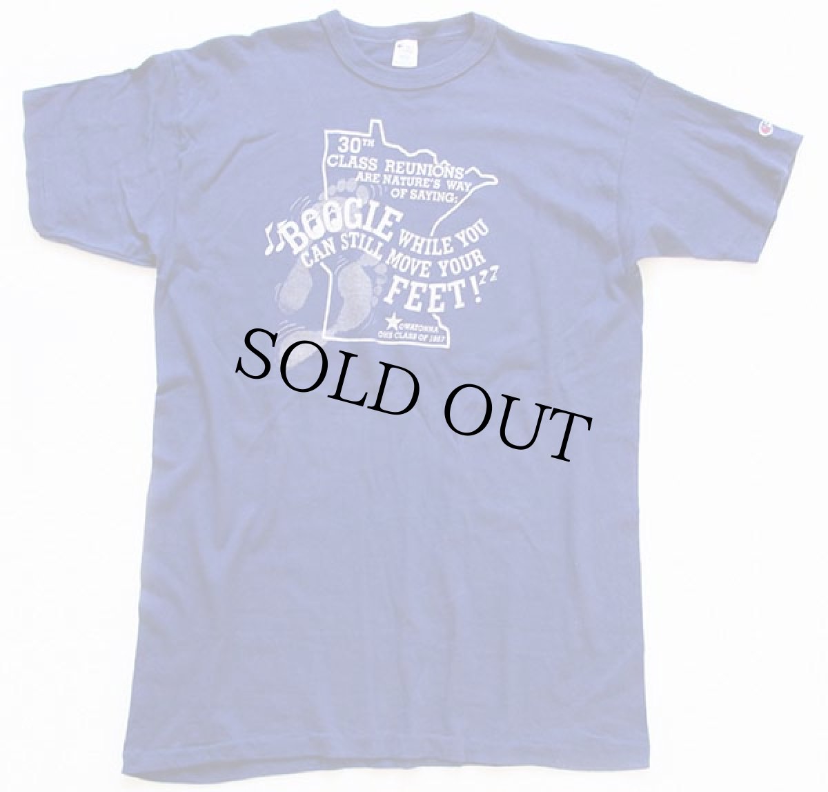 画像2: 80s USA製 Championチャンピオン BOOGIE FEET! 足跡 コットンTシャツ 紺 XL (2)