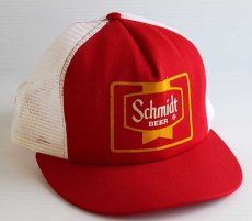 画像1: デッドストック★80s USA製 Schmidt BEER フェルトプリント メッシュキャップ 赤×白 (1)