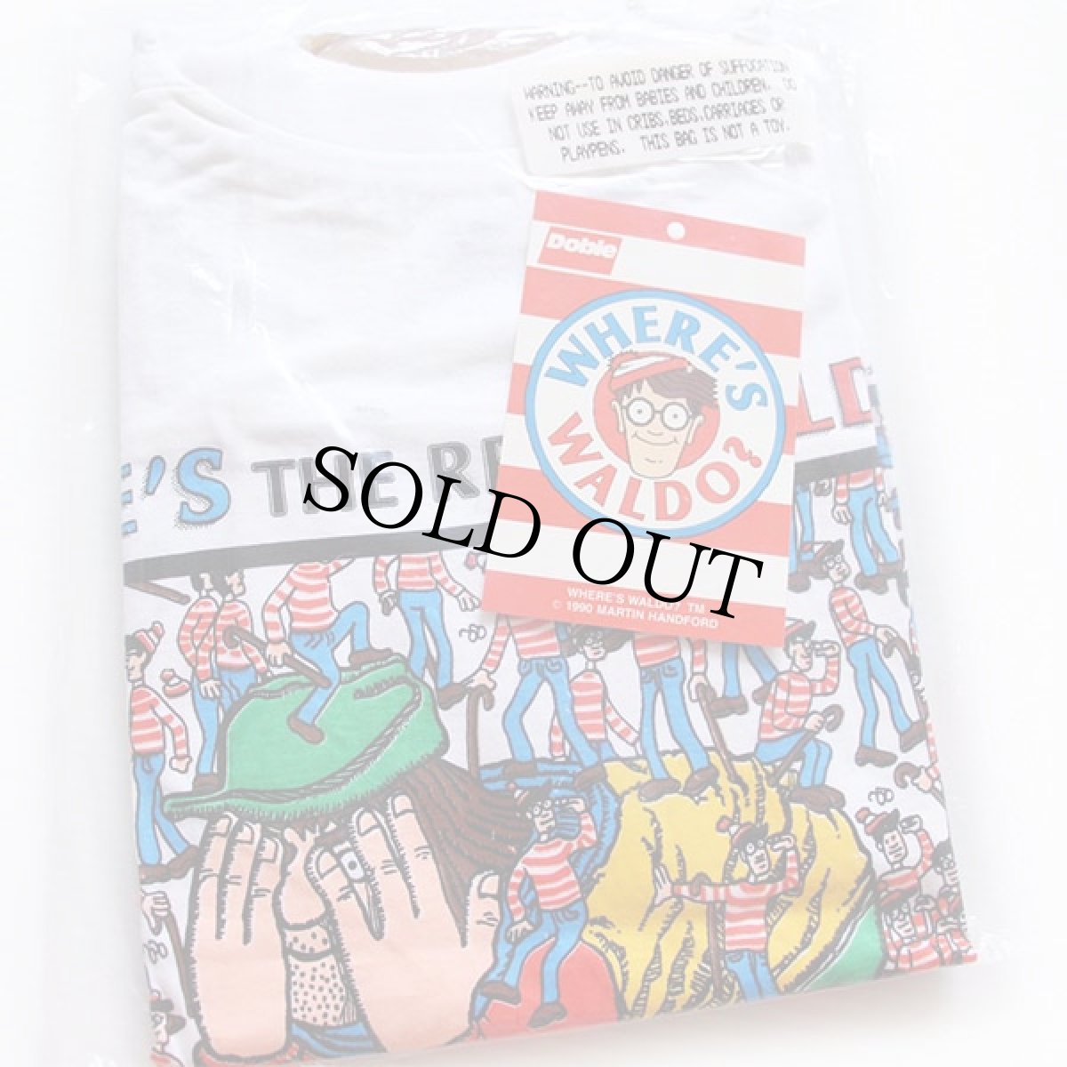 画像1: デッドストック★90s WHERE'S WALDO? 染み込みプリント コットンTシャツ 白 XL★ウォーリーをさがせ! (1)