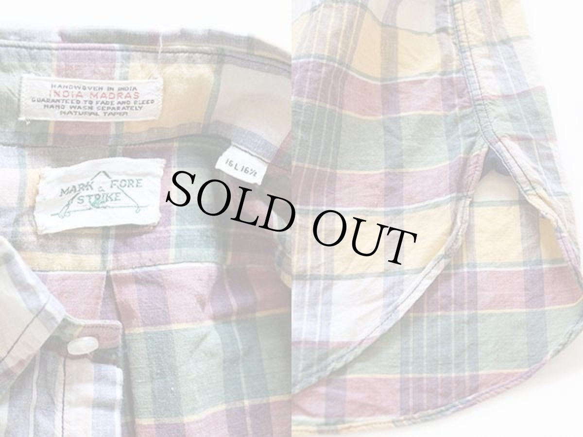 画像3: 60s MARK FORE & STRIKE マドラスチェック マチ付き 三点留め ボタンダウン 半袖 コットンシャツ L★インド綿 (3)