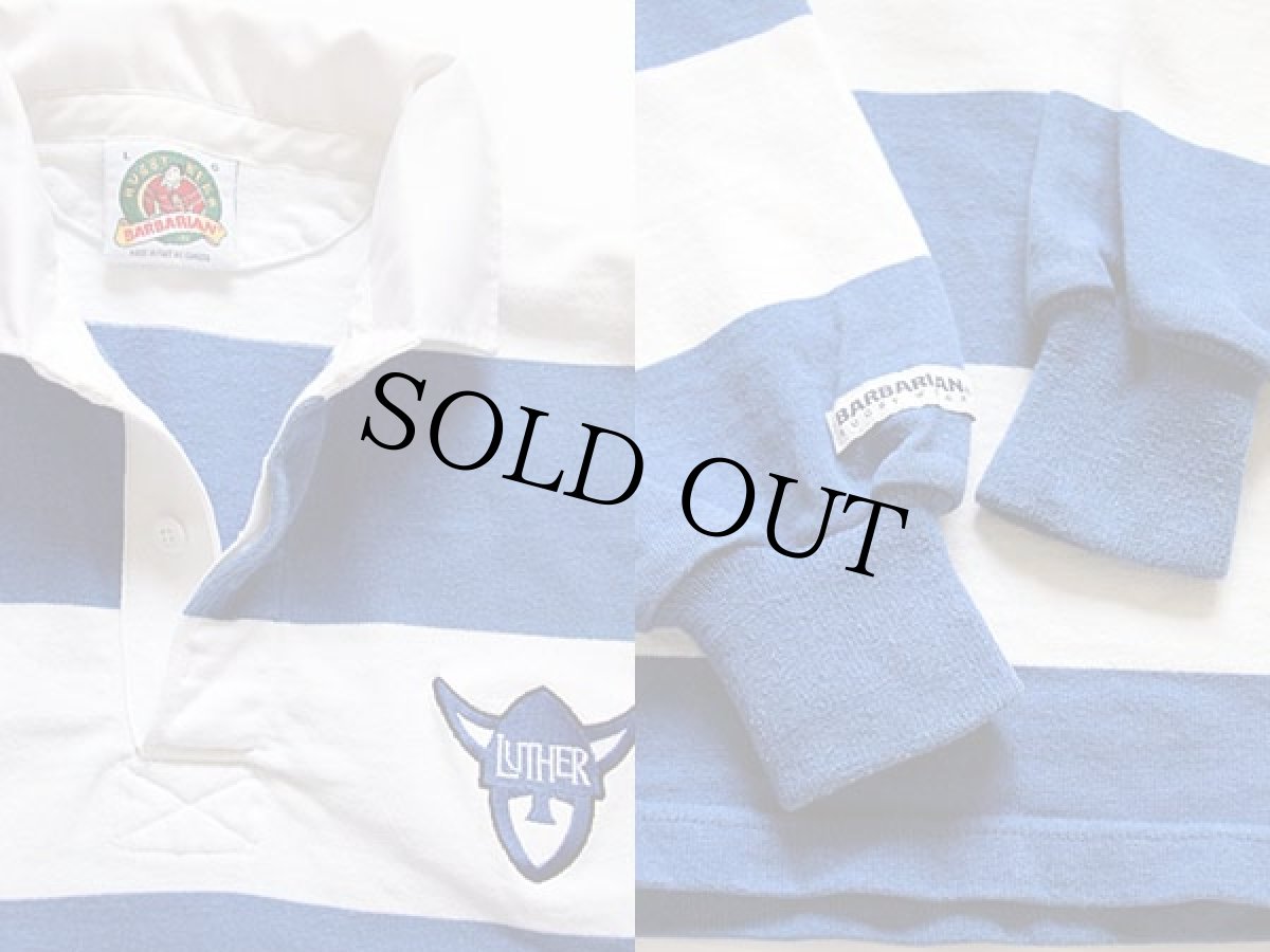 画像3: カナダ製 BARBARIANバーバリアン LUTHER刺繍 太ボーダー コットン ラガーシャツ 青×白 L (3)