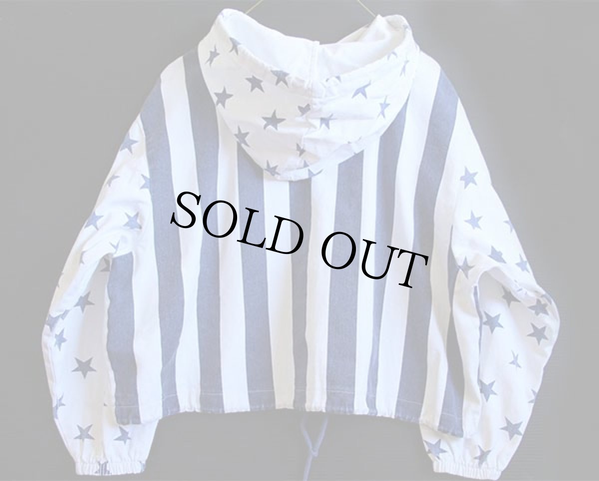 画像2: 80s USA製 A.BYER スター ストライプ 切り替え ショート丈 コットンパーカー 白×紺 L (2)
