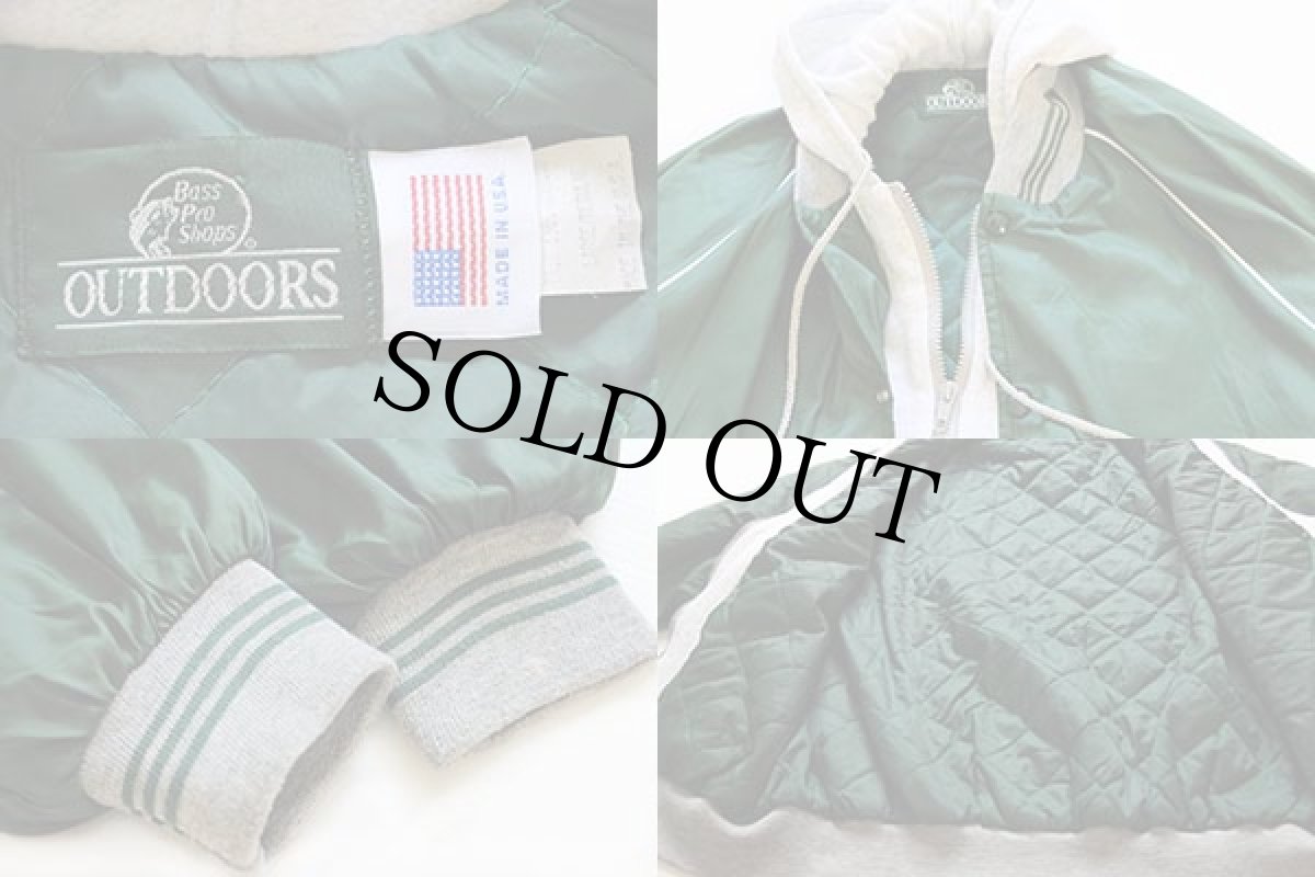 画像3: 90s USA製 Bass Pro Shops フード付き キルティングライナー ナイロンジャケット 緑 L (3)