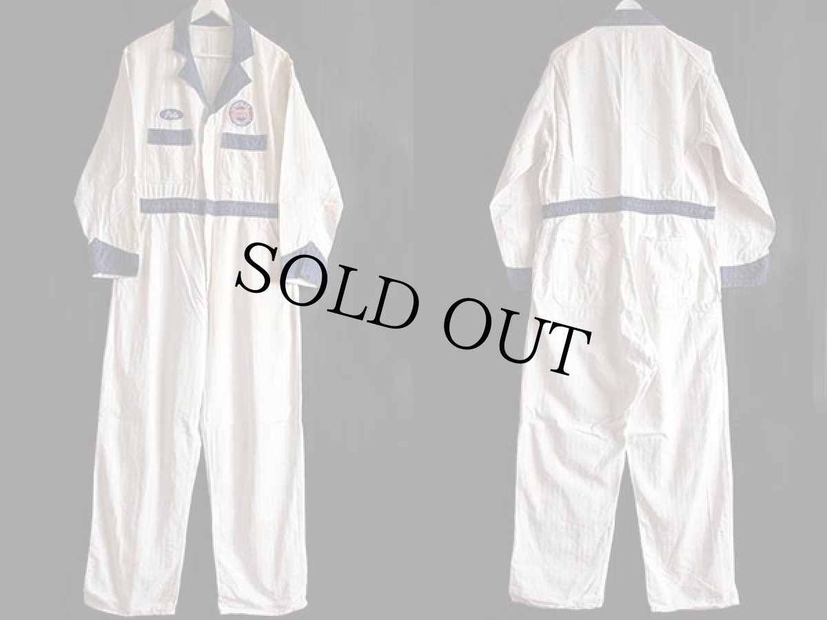 画像2: 50s CLEVELAND OVERALL CHRYSLERパッチ付き ツートン HBT ヘリンボーンツイル オールインワン ボロ 白×紺 44★つなぎ (2)