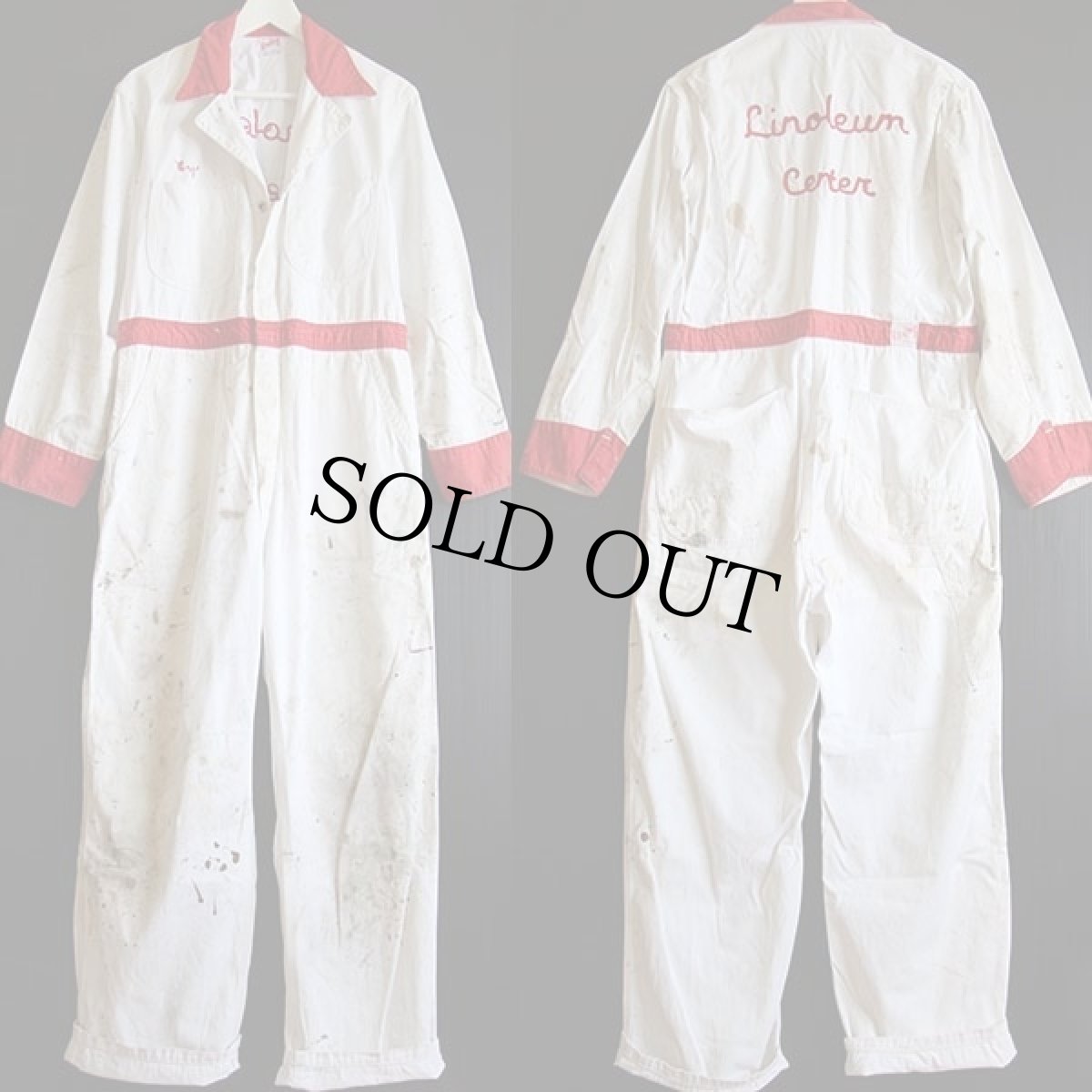 画像2: 50s Unitog チェーン刺繍 ツートン コットン オールインワン ボロ 白×赤★つなぎ (2)