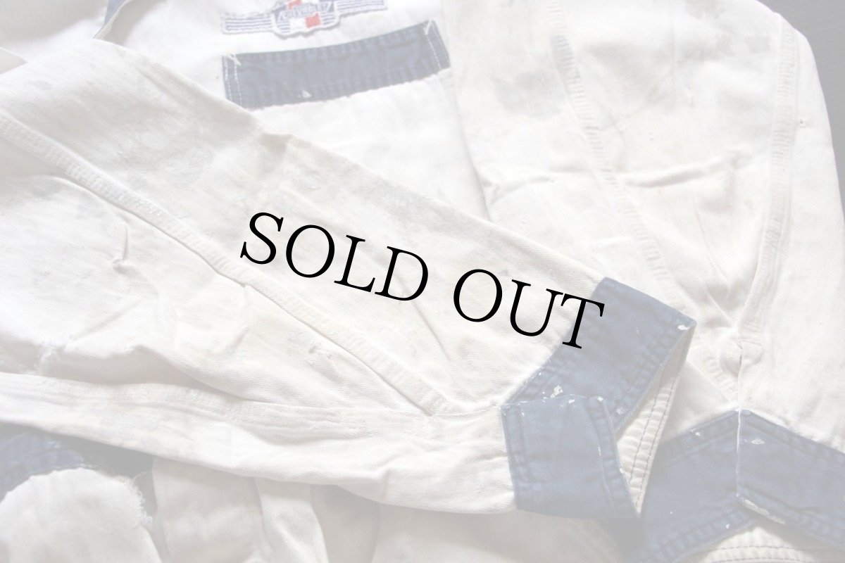 画像5: 50s UNIVERSAL OVERALL CHEVROLET シボレー パッチ付き ツートン HBT ヘリンボーンツイル オールインワン ボロ 白×紺 44★つなぎ (5)