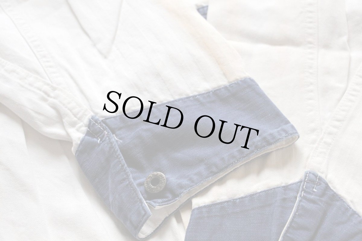 画像6: 50s CLEVELAND OVERALL CHRYSLERパッチ付き ツートン HBT ヘリンボーンツイル オールインワン ボロ 白×紺 44★つなぎ (6)