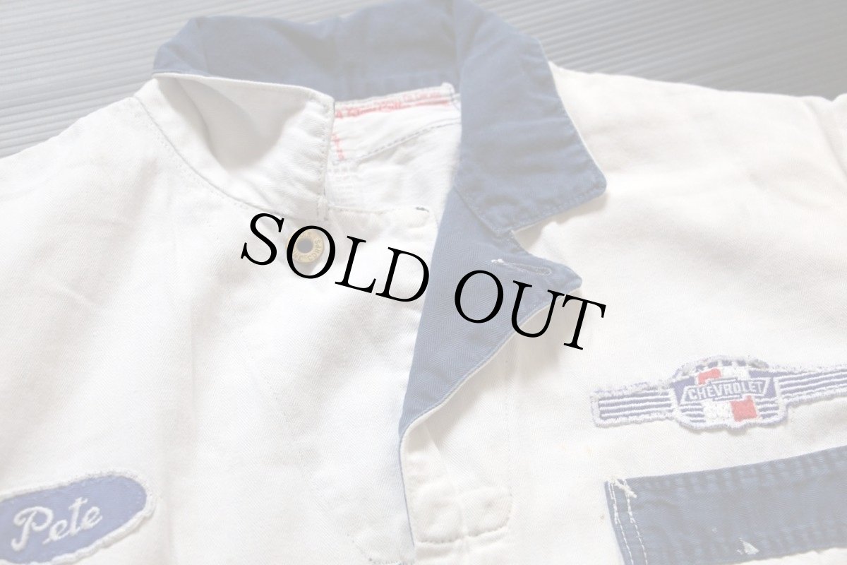 画像3: 50s UNIVERSAL OVERALL CHEVROLET シボレー パッチ付き ツートン HBT ヘリンボーンツイル オールインワン ボロ 白×紺 44★つなぎ (3)