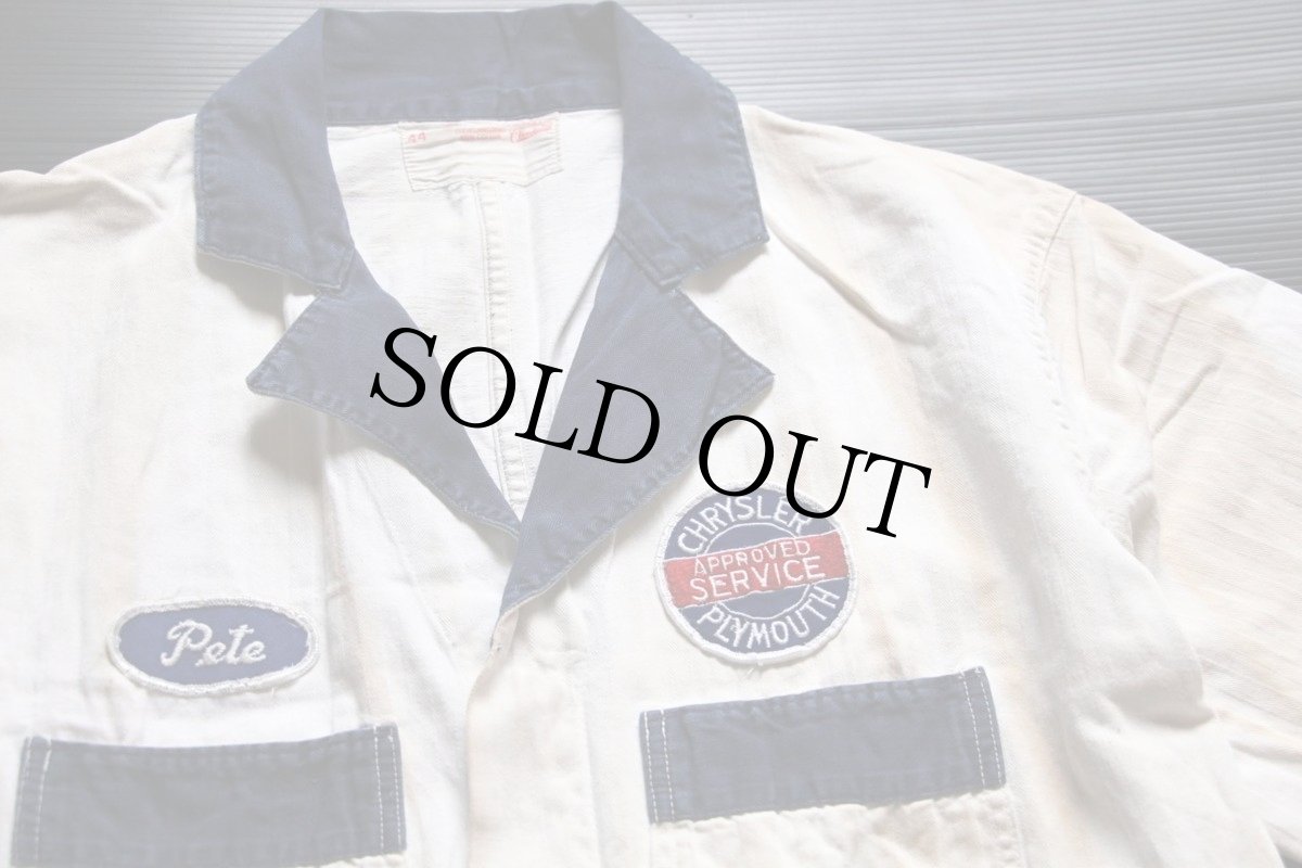 画像3: 50s CLEVELAND OVERALL CHRYSLERパッチ付き ツートン HBT ヘリンボーンツイル オールインワン ボロ 白×紺 44★つなぎ (3)