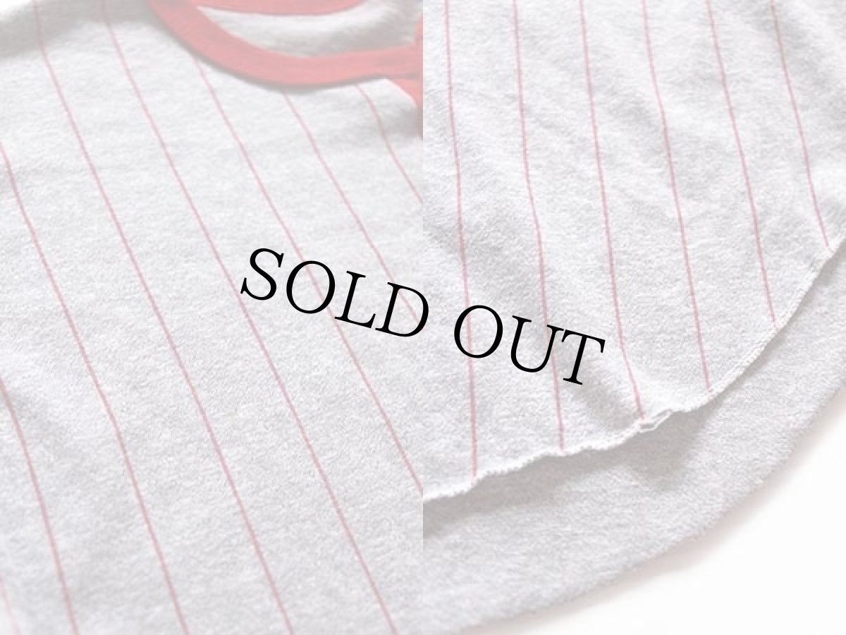 画像3: 80s UNKNOWN NEW YORK ストライプ ヘンリーネック 七分袖 Tシャツ 杢グレー×赤 (3)