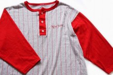 画像2: 80s UNKNOWN NEW YORK ストライプ ヘンリーネック 七分袖 Tシャツ 杢グレー×赤 (2)