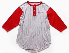 画像1: 80s UNKNOWN NEW YORK ストライプ ヘンリーネック 七分袖 Tシャツ 杢グレー×赤 (1)