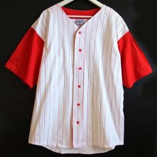 画像1: デッドストック★90s USA製 Badger ツートン ストライプ コットン ベースボールシャツ 白×赤 XL (1)
