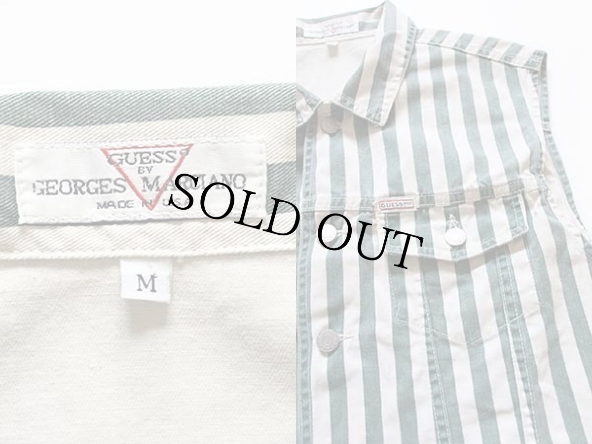 画像3: 90s USA製 GUESSゲス ストライプ コットンベスト 生成り×緑 M (3)