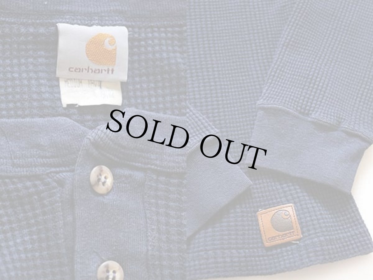 画像3: 90s USA製 carharttカーハート ヘンリーネック コットン サーマルシャツ 紺 M (3)