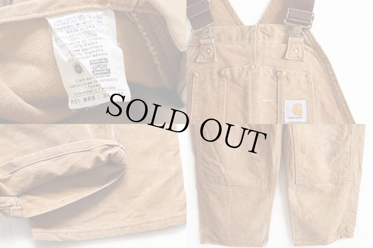 画像3: 90s USA製 carharttカーハート ダック地 ダブルニー オーバーオール 茶 w34 L30 (3)