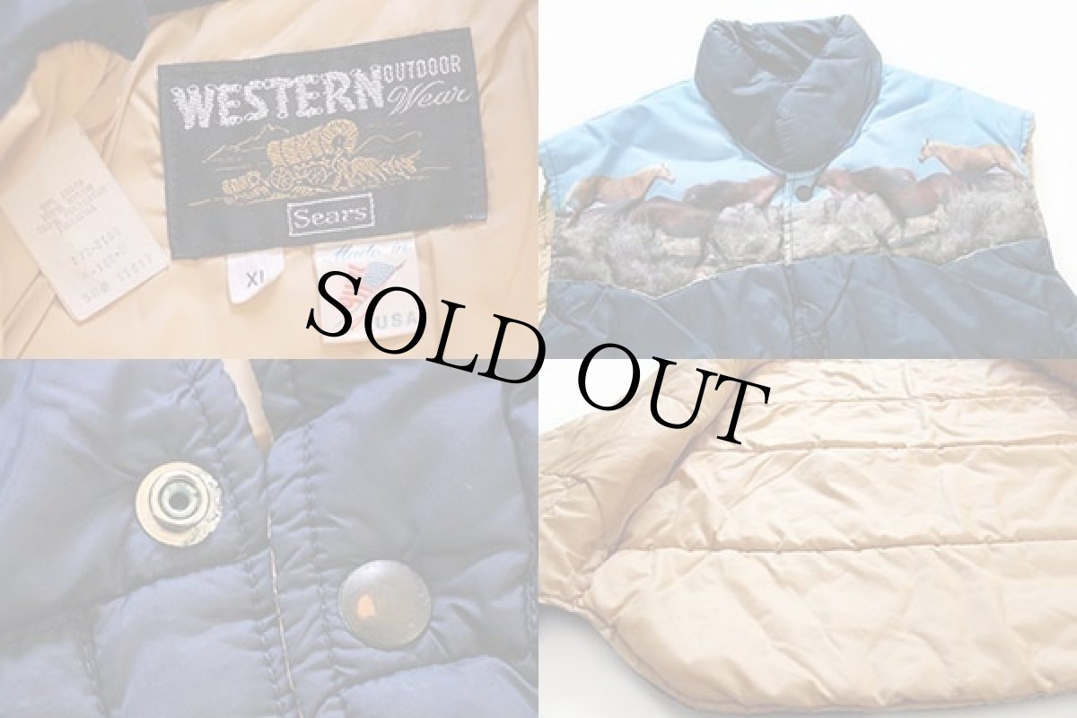 画像3: 70s USA製 Sears 馬 フォトプリント ヨーク切り替え 中綿ベスト 紺 XL★転写 (3)