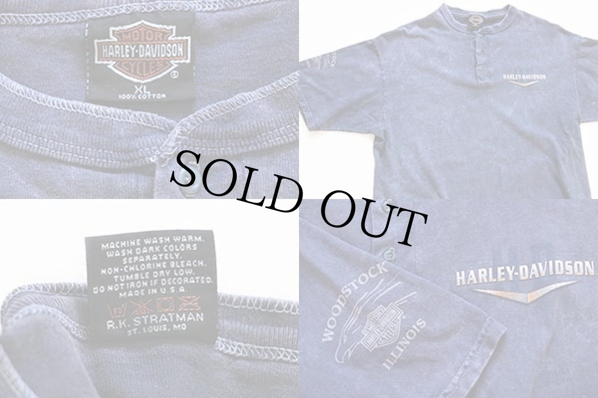 画像4: 90s USA製 HARLEY-DAVIDSONハーレー ダビッドソン ヘンリーネック コットンTシャツ 後染め 紺 XL (4)