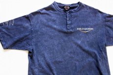 画像1: 90s USA製 HARLEY-DAVIDSONハーレー ダビッドソン ヘンリーネック コットンTシャツ 後染め 紺 XL (1)