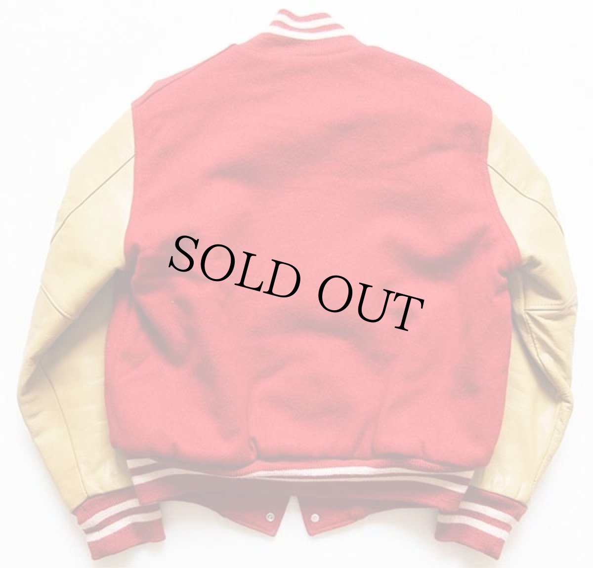 画像2: 90s USA製 Holloway メルトン ウール 袖革スタジャン 赤×薄茶 40 (2)