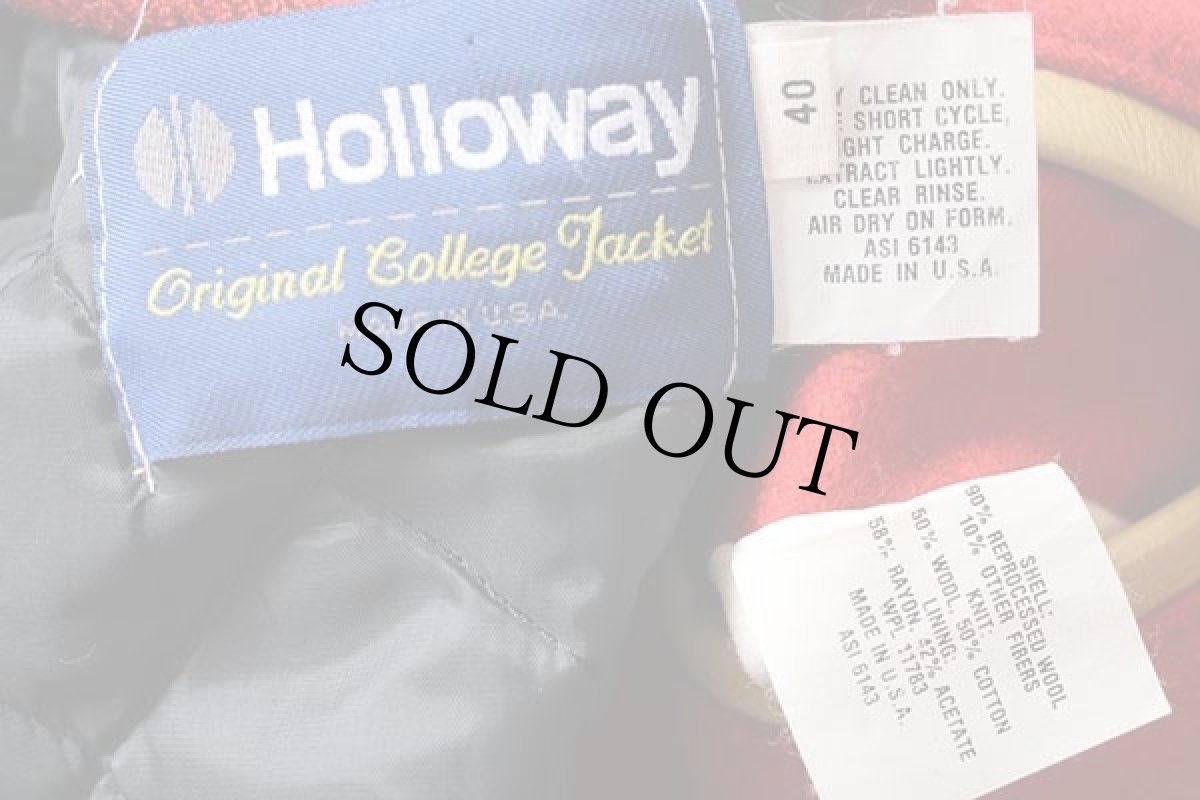 画像4: 90s USA製 Holloway メルトン ウール 袖革スタジャン 赤×薄茶 40 (4)