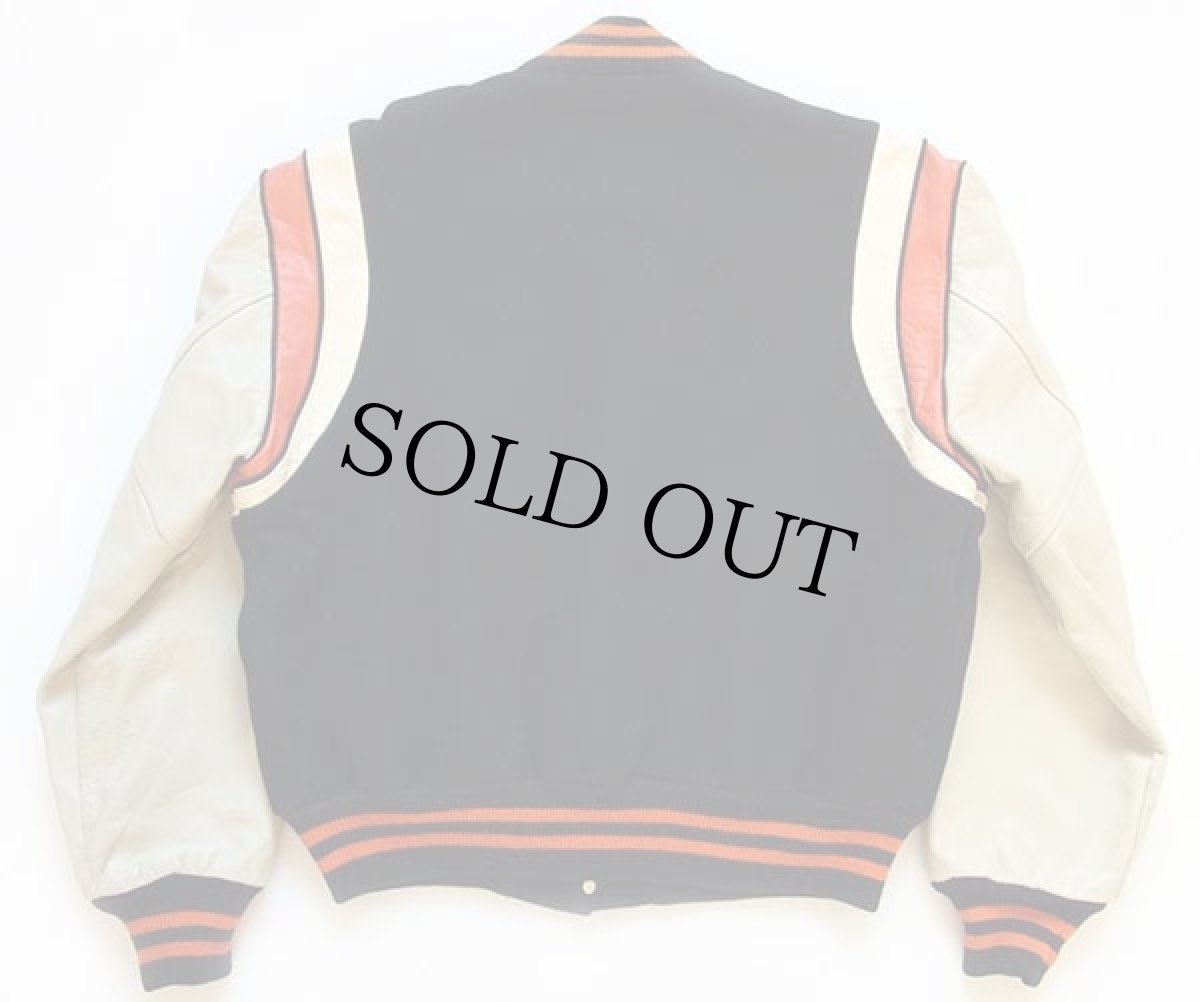 画像2: 60s BUTWINバトウィン パッチ付き メルトン ウール 袖革スタジャン 黒 46 (2)