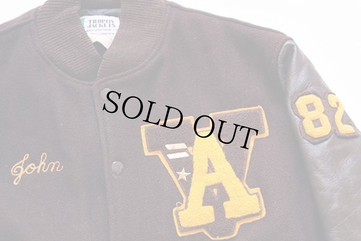 画像3: 80s USA製 TROPHY JACKETS パッチ付き メルトン ウール 袖革スタジャン 茶 M (3)