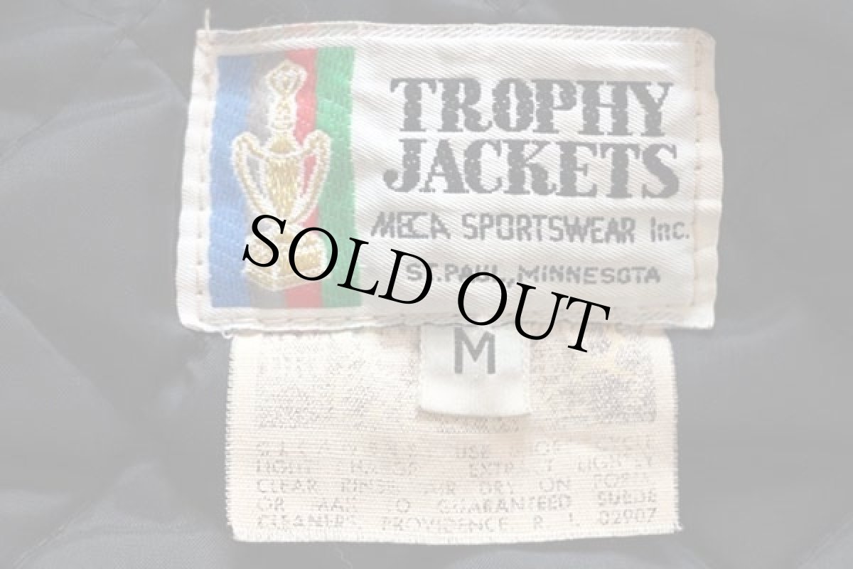 画像4: 80s USA製 TROPHY JACKETS パッチ付き メルトン ウール 袖革スタジャン 茶 M (4)