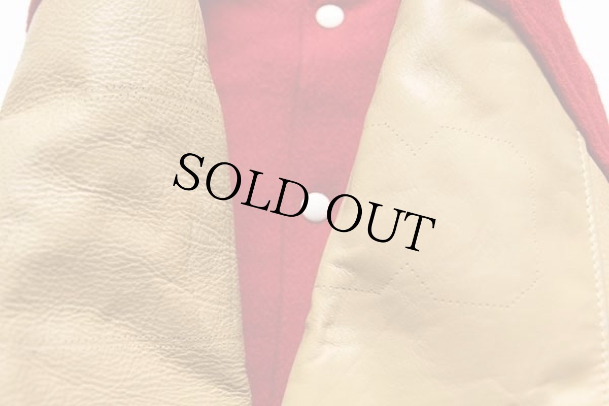 画像6: 90s USA製 Holloway メルトン ウール 袖革スタジャン 赤×薄茶 40 (6)