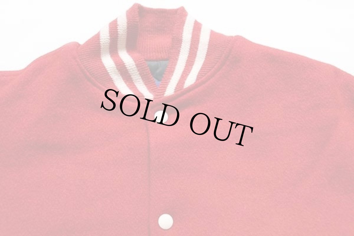 画像3: 90s USA製 Holloway メルトン ウール 袖革スタジャン 赤×薄茶 40 (3)