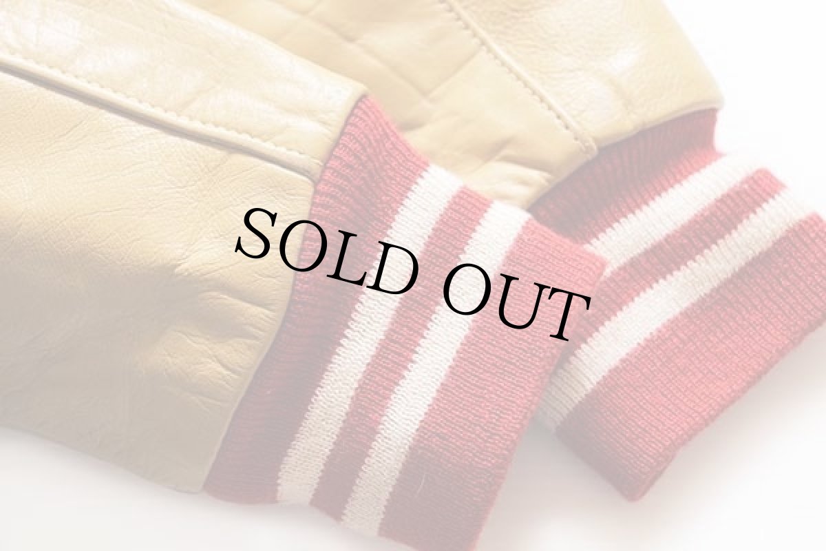 画像5: 90s USA製 Holloway メルトン ウール 袖革スタジャン 赤×薄茶 40 (5)