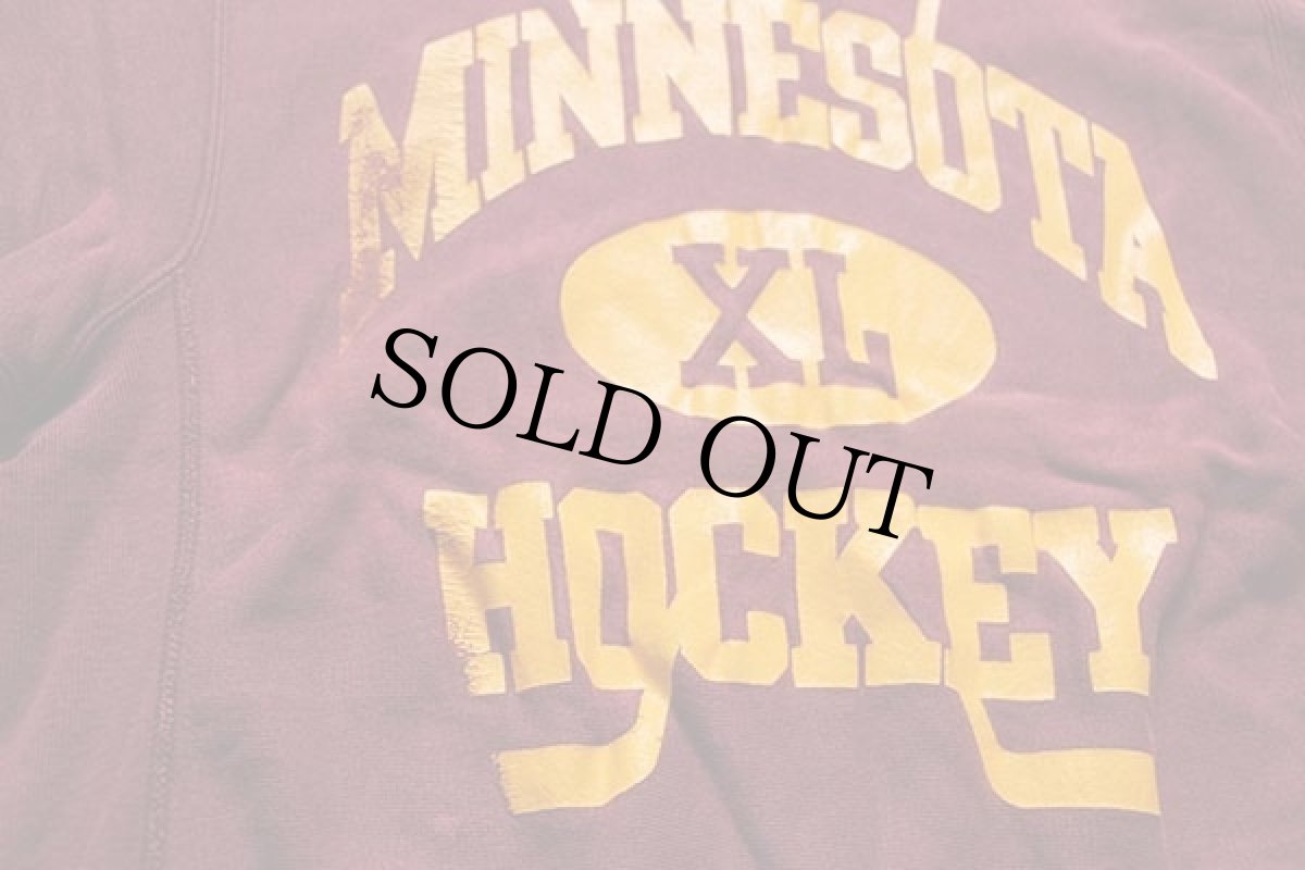 画像2: 80s USA製 Championチャンピオン MINNESOTA HOCKEY 三段中抜き リバースウィーブ スウェット バーガンディ XL (2)