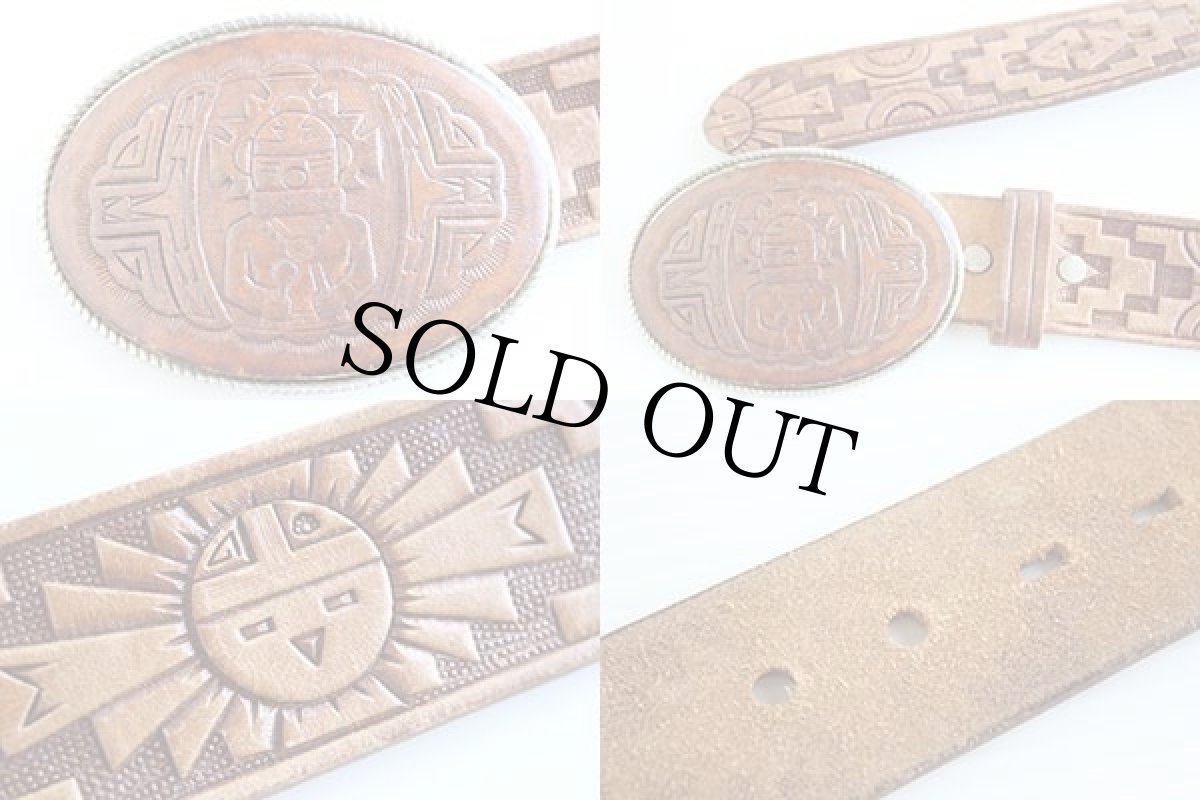 画像3: UNKNOWN ネイティブ柄 バックル カービング レザーベルト 茶 36 (3)