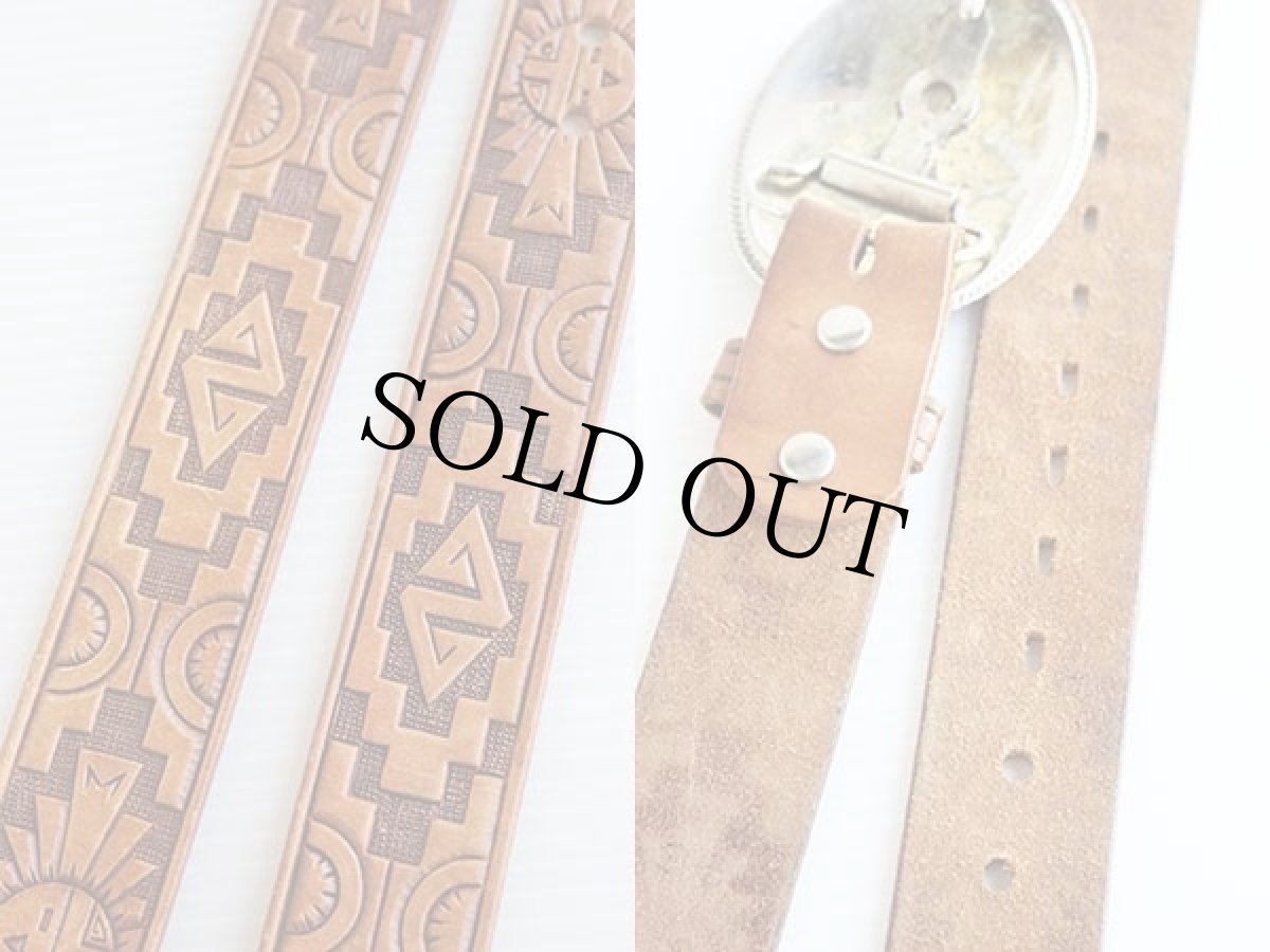 画像2: UNKNOWN ネイティブ柄 バックル カービング レザーベルト 茶 36 (2)