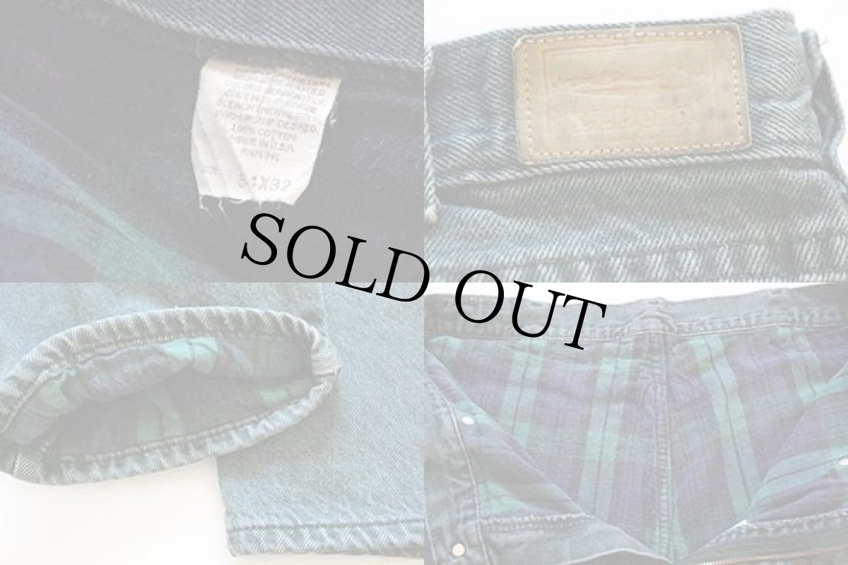 画像3: 90s USA製 L.L.Bean タータンチェック コットンライナー カラーデニムパンツ モスグリーン w34 L32★Leeリー (3)