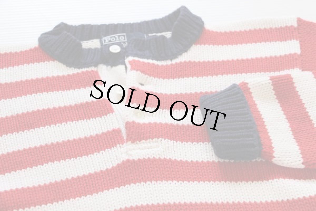 画像3: 90s ポロ ラルフローレン ヘンリーネック ボーダー ローゲージ コットンニットセーター S (3)