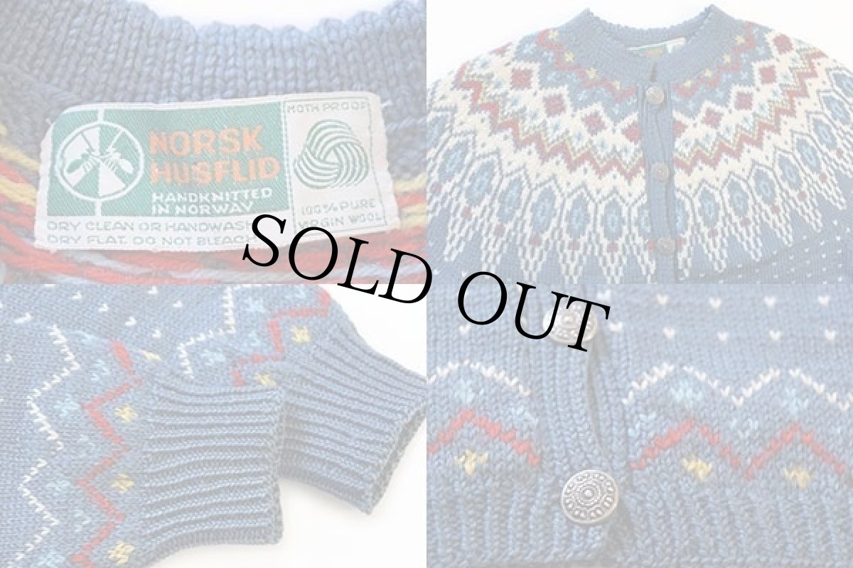 画像3: ノルウェー製 NORSK HUSFLID 丸ヨーク ノルディック柄 ウール ハンドニット カーディガン (3)