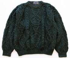 画像1: 英国製 Skye ケーブル編み ネップ入り ウール ハンドニット セーター 深緑 L★フィッシャーマン (1)