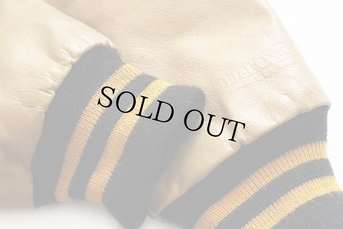 画像6: 90s USA製 DeLONGデロング タイガー チェーン刺繍&パッチ付き メルトン ウール 袖革スタジャン 黒 XL (6)